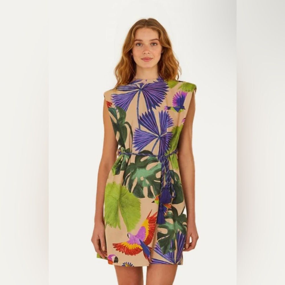 Farm Rio Dress Sleeveless Mini Shift Tropical Floral Parrot 100% Cotton XL NWT - Picture 2 of 11